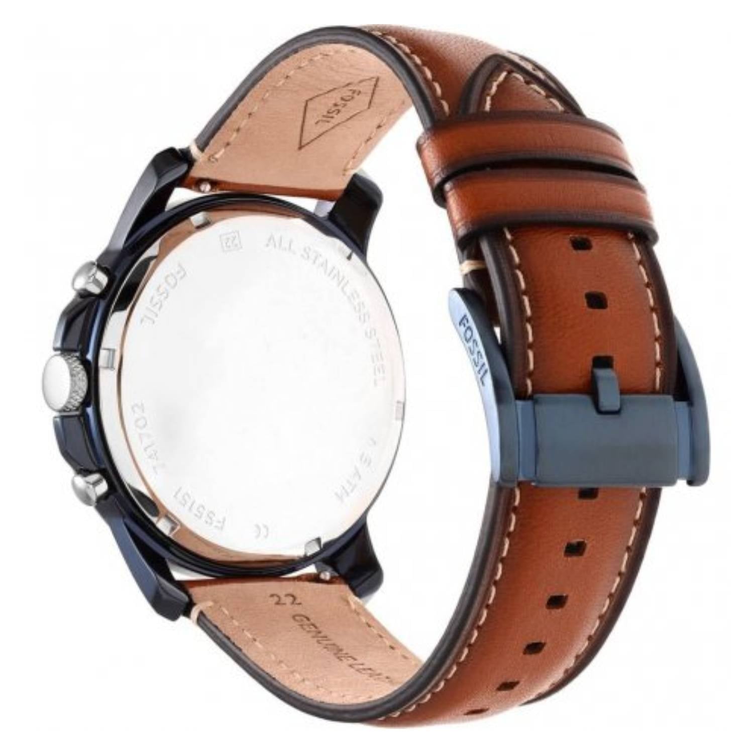 Orologio Uomo Acciaio Fossil Cronografo Quarzo Grant Blu Pelle Marrone FS5151