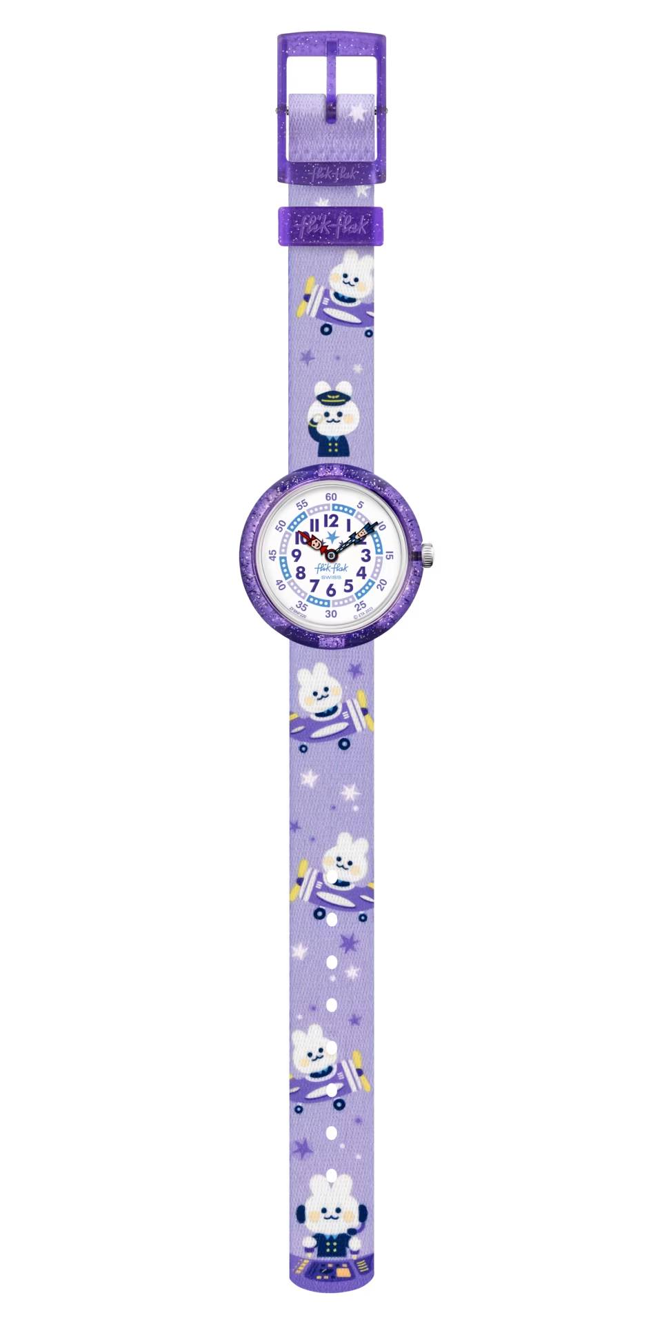 Orologio Bambina Swatch Flik Flak Chasing Clouds Gatti Viola Glitter ZFBNP220