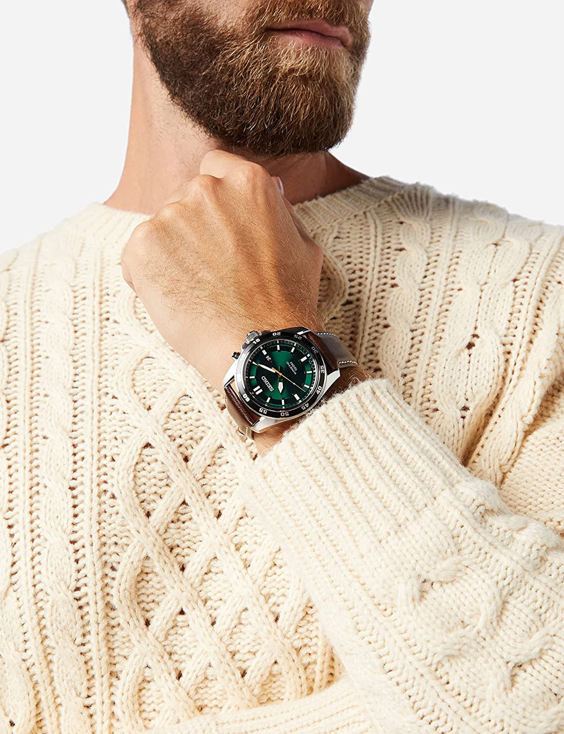 Orologio Uomo Seiko Acciaio Cinturino Pelle Marrone Kinetic Verde SKA791P1