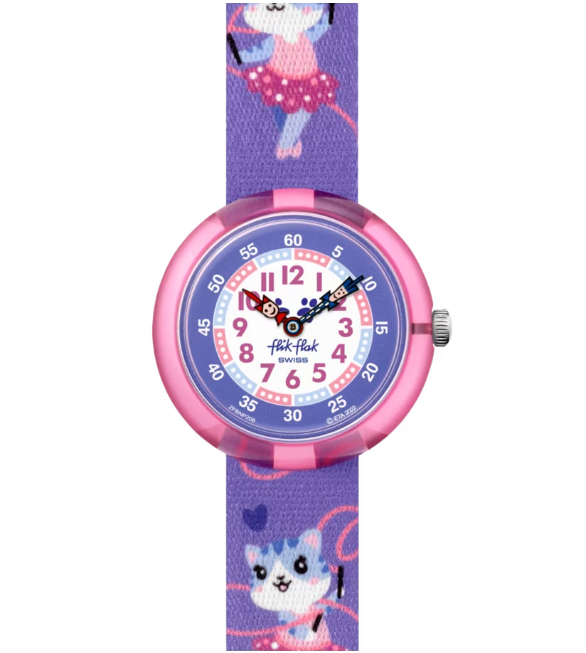 Orologio Bambina Swatch Flik Flak Ballerichat Quarzo Solo Tempo Rosa Gatto FBNP208