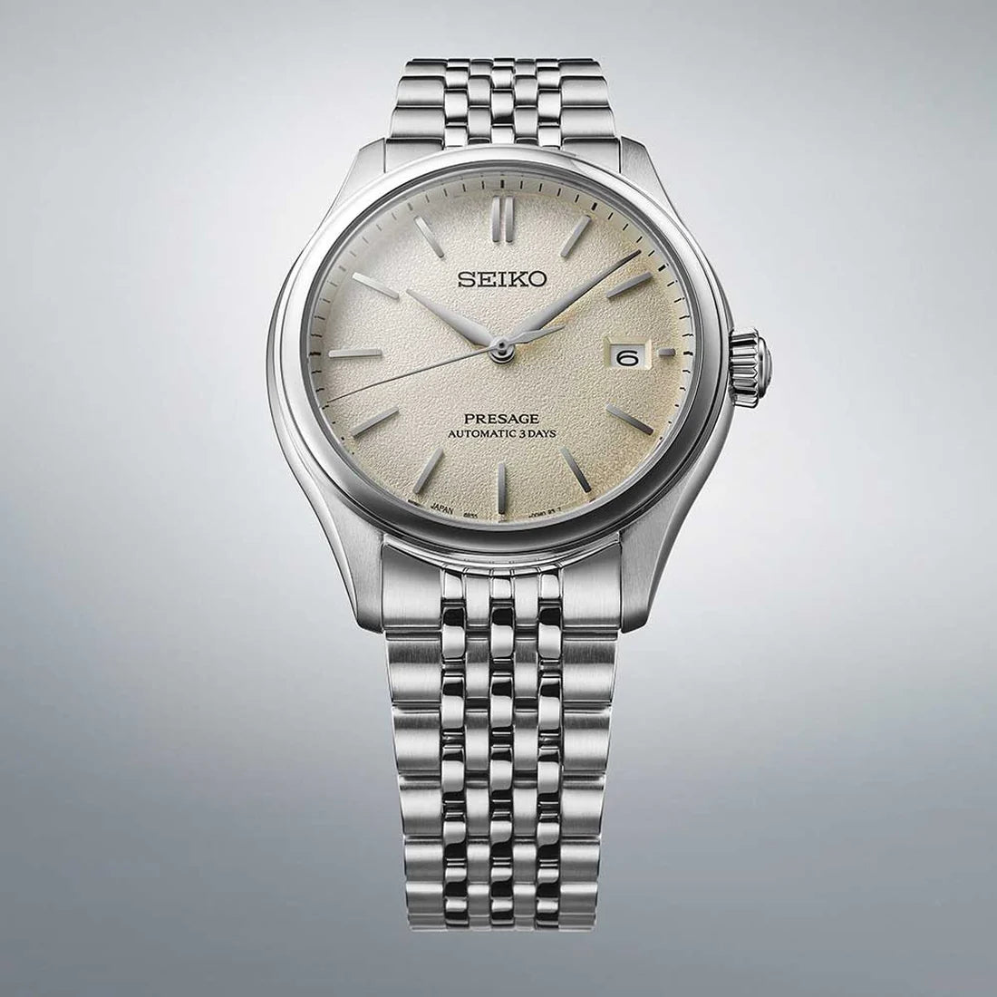 Orologio Uomo Seiko Presage Automatico Bianco Crema Seta Acciaio Data SPB463J1