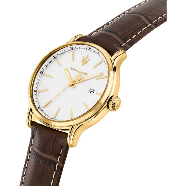 Orologio Uomo Maserati Epoca Slim Bianco Acciaio Dorato Pelle Marrone Quarzo Data R8851118018