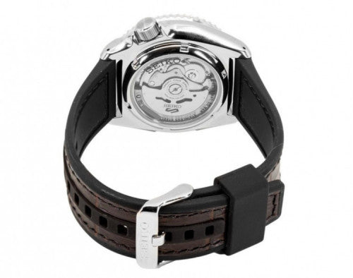 Orologio Uomo Seiko 5 Automatico Doppia Data Nero Acciaio Cinturino Pelle SRPD55K2