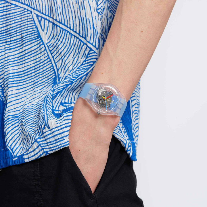 Orologio Uomo Swatch Quarzo Solo Tempo Monthly Drops Scheletrato Azzurro SUOK156