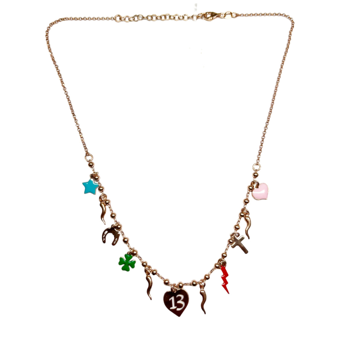 Collana Donna Re Mida Argento Rosè Porta Fortuna Corno Scaramantico Multiciondolo