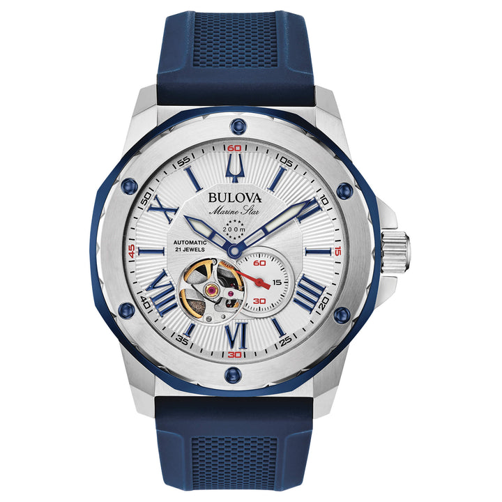 Orologio Uomo Bulova Automatico Marine Star Acciaio Gomma Open Heart Blu 98A225