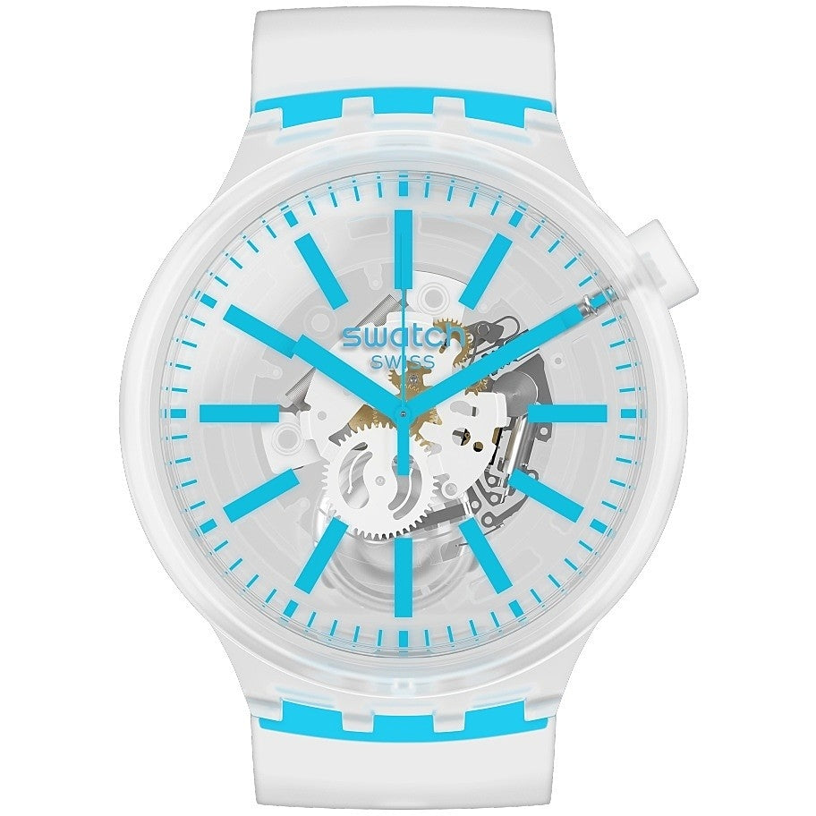 Orologio Uomo Silicone Gomma Swatch Big Bold Solo Tempo Azzurro Scheletrico