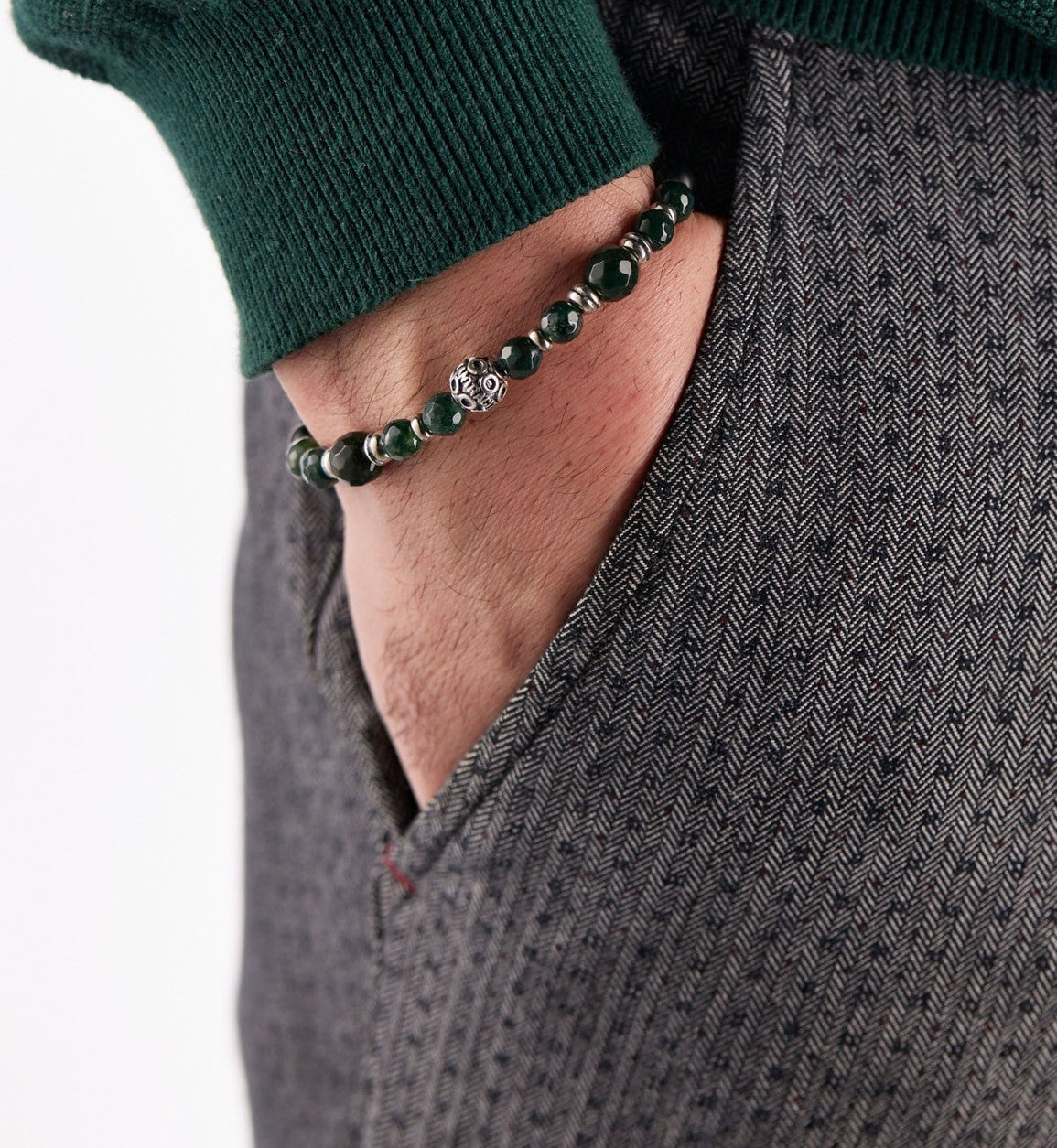 Bracciale Unisex  Antracite Con Agata Nera, Agata Muschiata - Argento 925% 4° Chakra ANAHATA