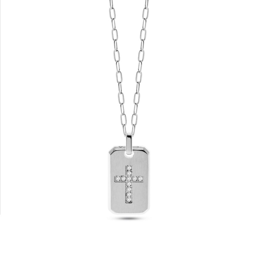 Collana Uomo Liu Jo Acciaio Targhetta Croce Zirconi Bianchi MLJ452