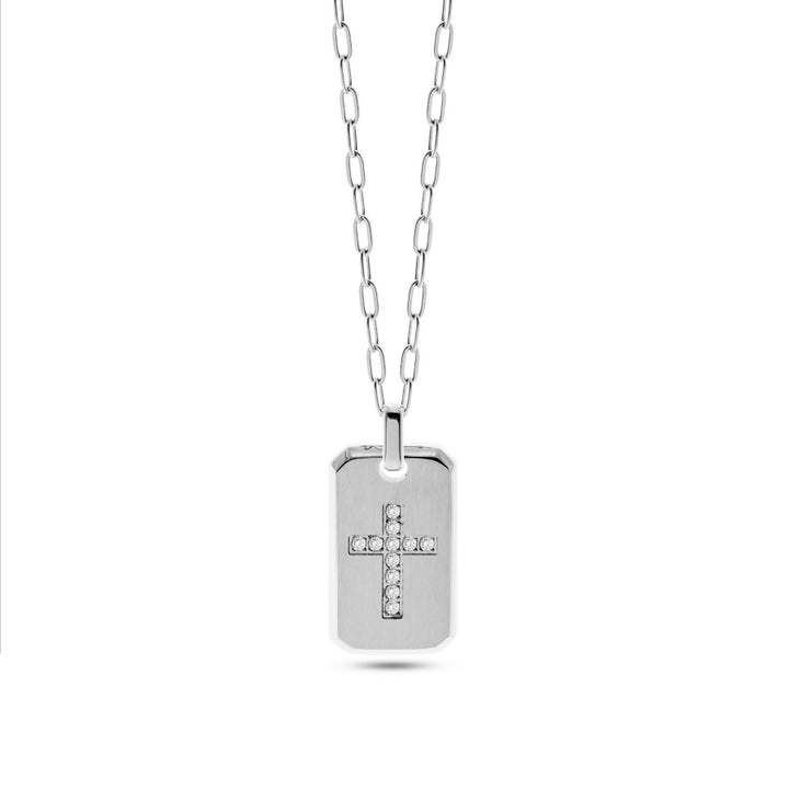 Collana Uomo Liu Jo Acciaio Targhetta Croce Zirconi Bianchi MLJ452