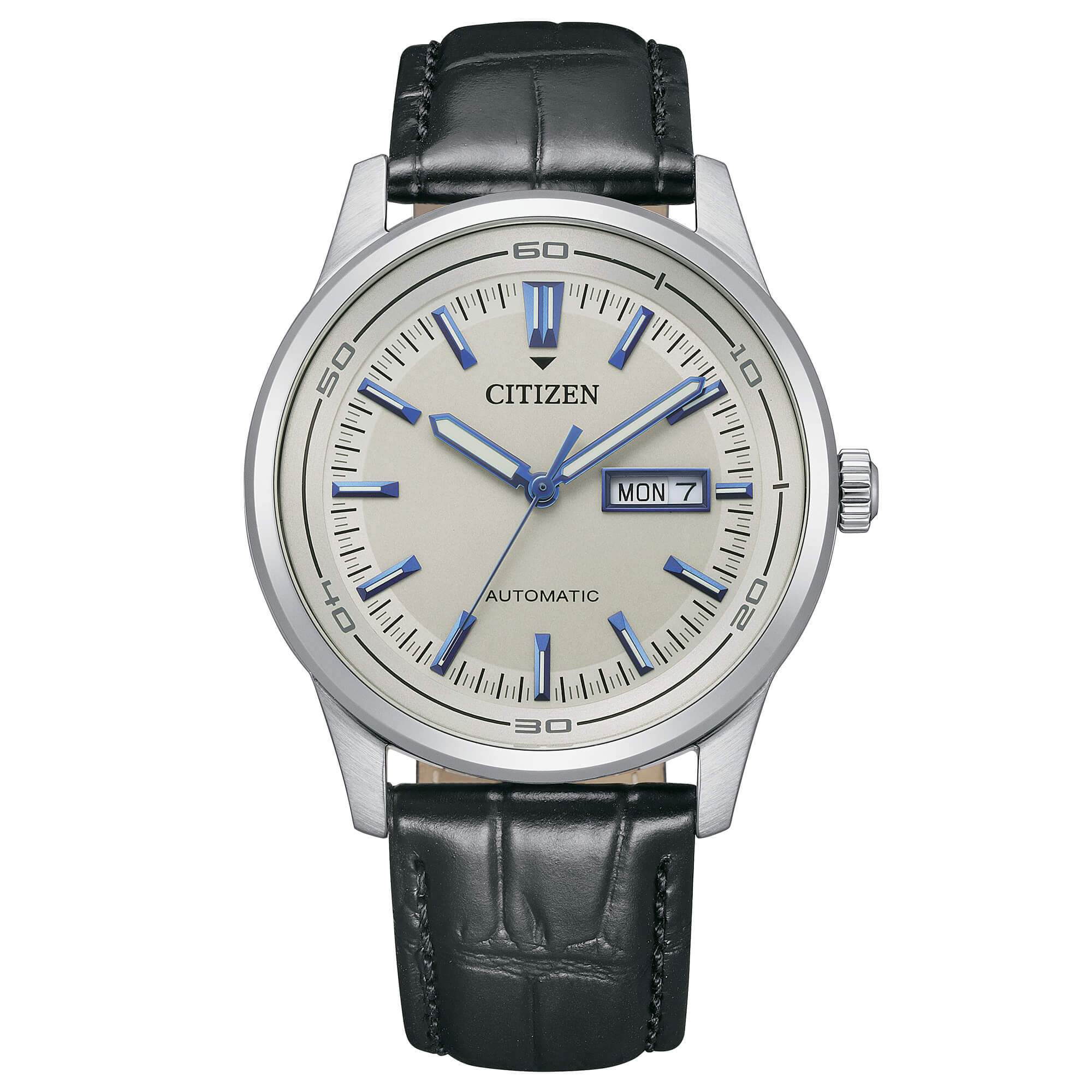 Orologio Uomo Citizen Automatico Grigio Doppia Data Acciaio Pelle Nero NH8400-10A