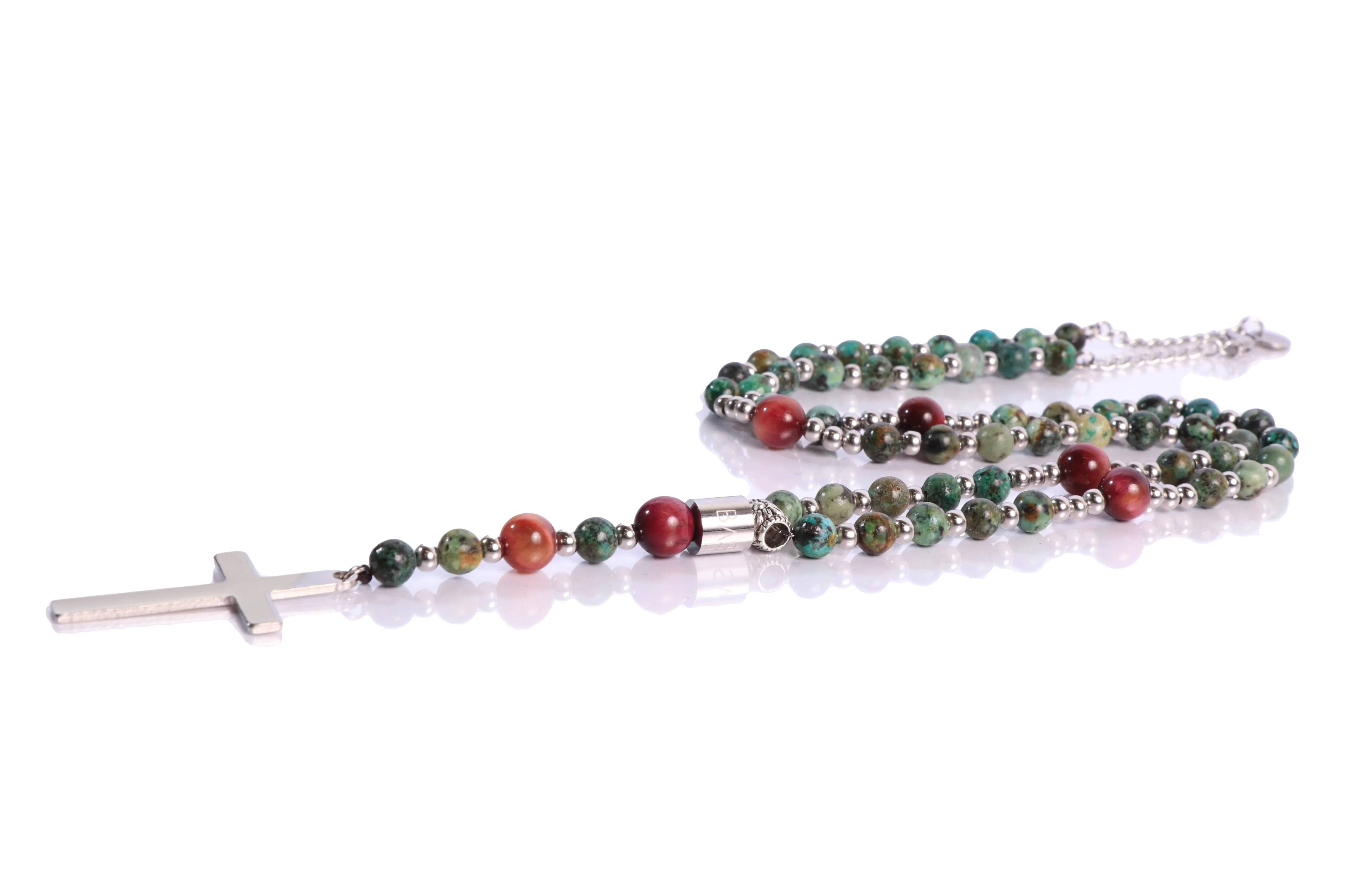 Collana Uomo Ivan Basile Rosario Acciaio Pietra Amazzonite Verde Rossa ROS_08