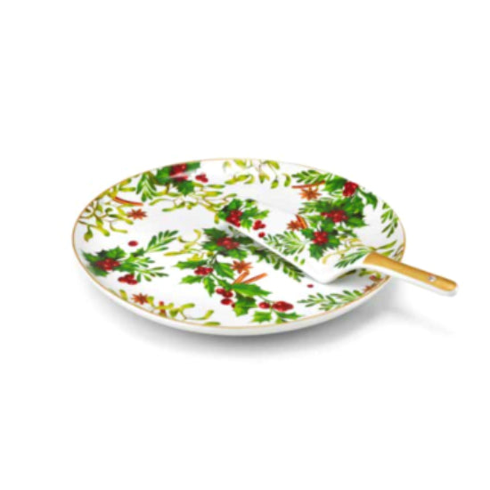 Piatto Fade Porcellana Decorazione Natale Porta Panettone Paletta Verde Rosso 57190