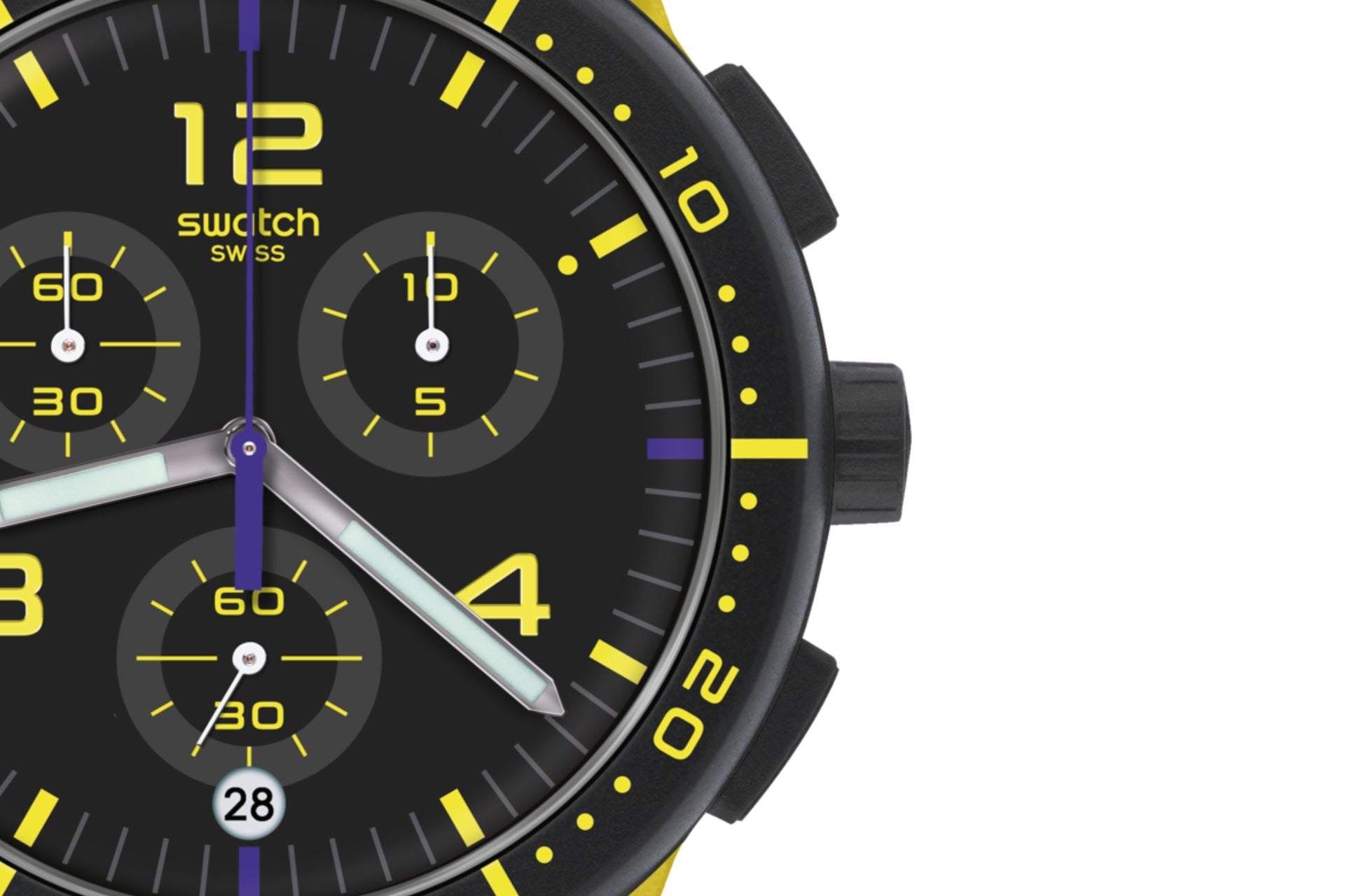 Orologio Uomo Swatch Quarzo Cronografo Nero Giallo Trasparente Numeri Data SUSJ403