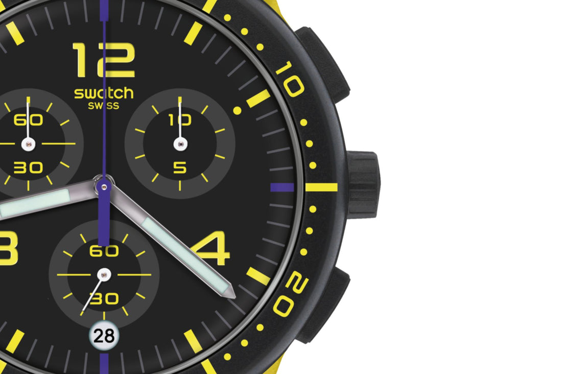 Orologio Uomo Swatch Quarzo Cronografo Nero Giallo Trasparente Numeri Data SUSJ403