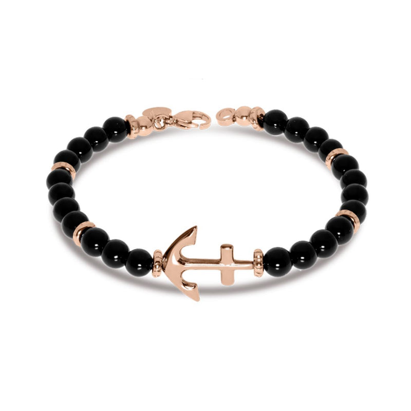Bracciale Uomo Liu Jo Acciaio Rosè Lucido Ancora Liscia Biglie Nere MLJ437