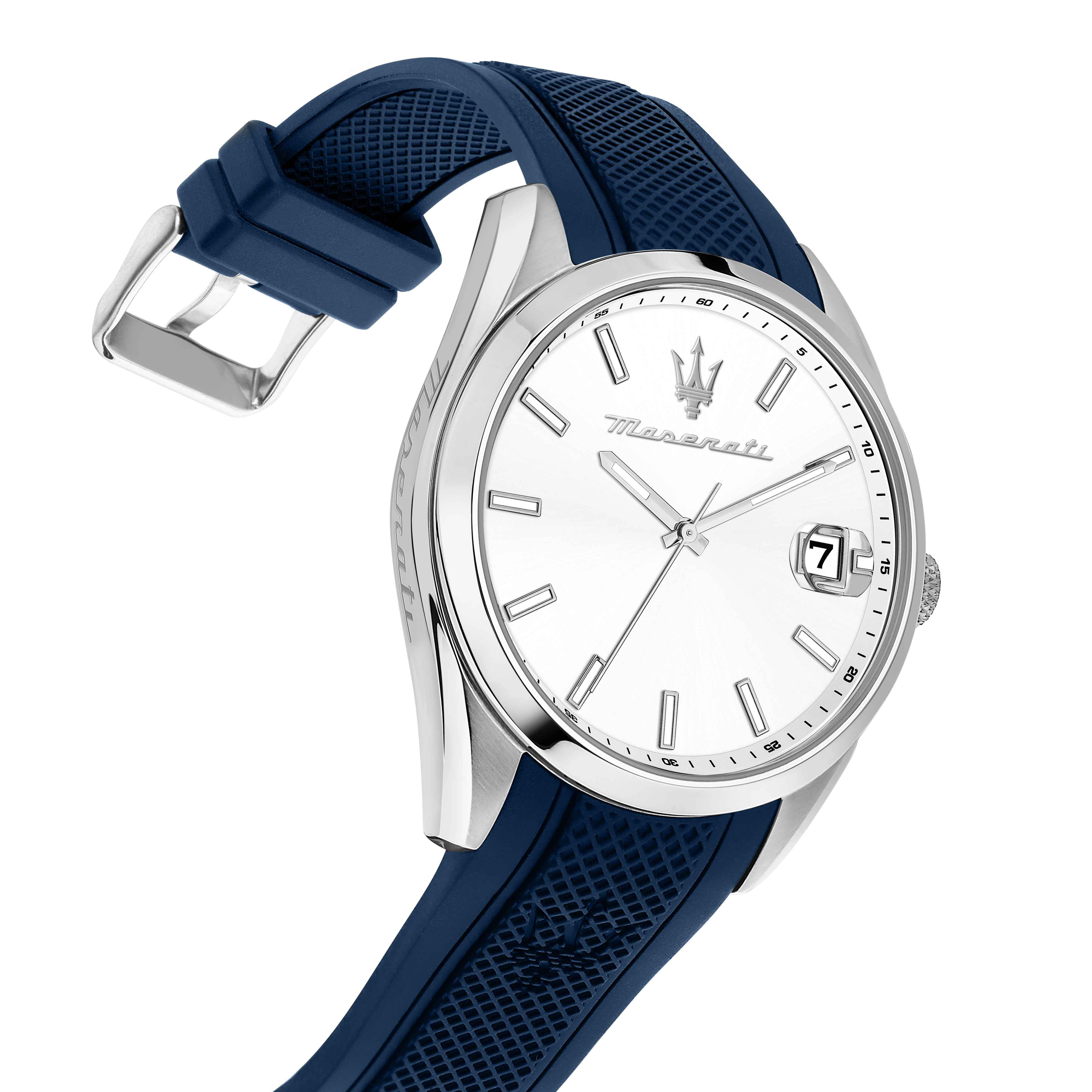 Orologio Uomo Maserati Acciaio Quarzo Solo Tempo Data Bianco Gomma Blu R8851151007