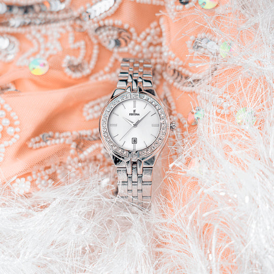 Orologio Donna Festina Acciaio Zirconi Quarzo Data Solo Tempo Bianco F16867/1