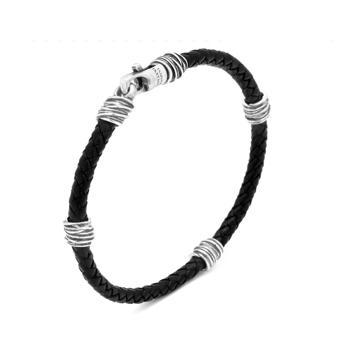 Bracciale Uomo Giovanni Raspini Argento 925 Cuoio Nero Nodini Intrecciati 11355