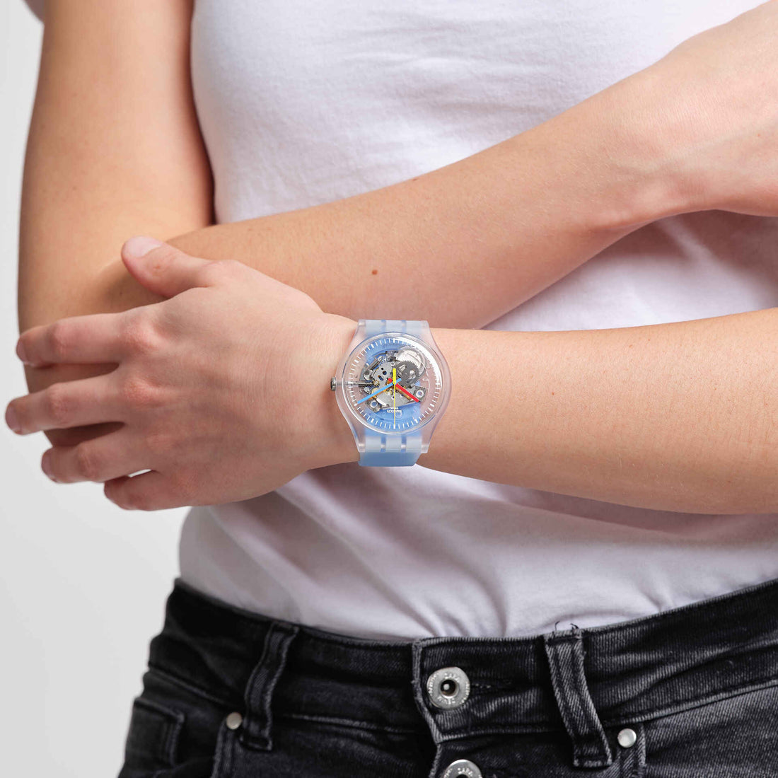 Orologio Uomo Swatch Quarzo Solo Tempo Monthly Drops Scheletrato Azzurro SUOK156
