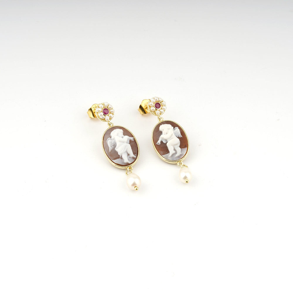 Orecchini Donna Cameo Italiano Argento Dorato 925 Donna Incisa Cammeo Marrone O909-G