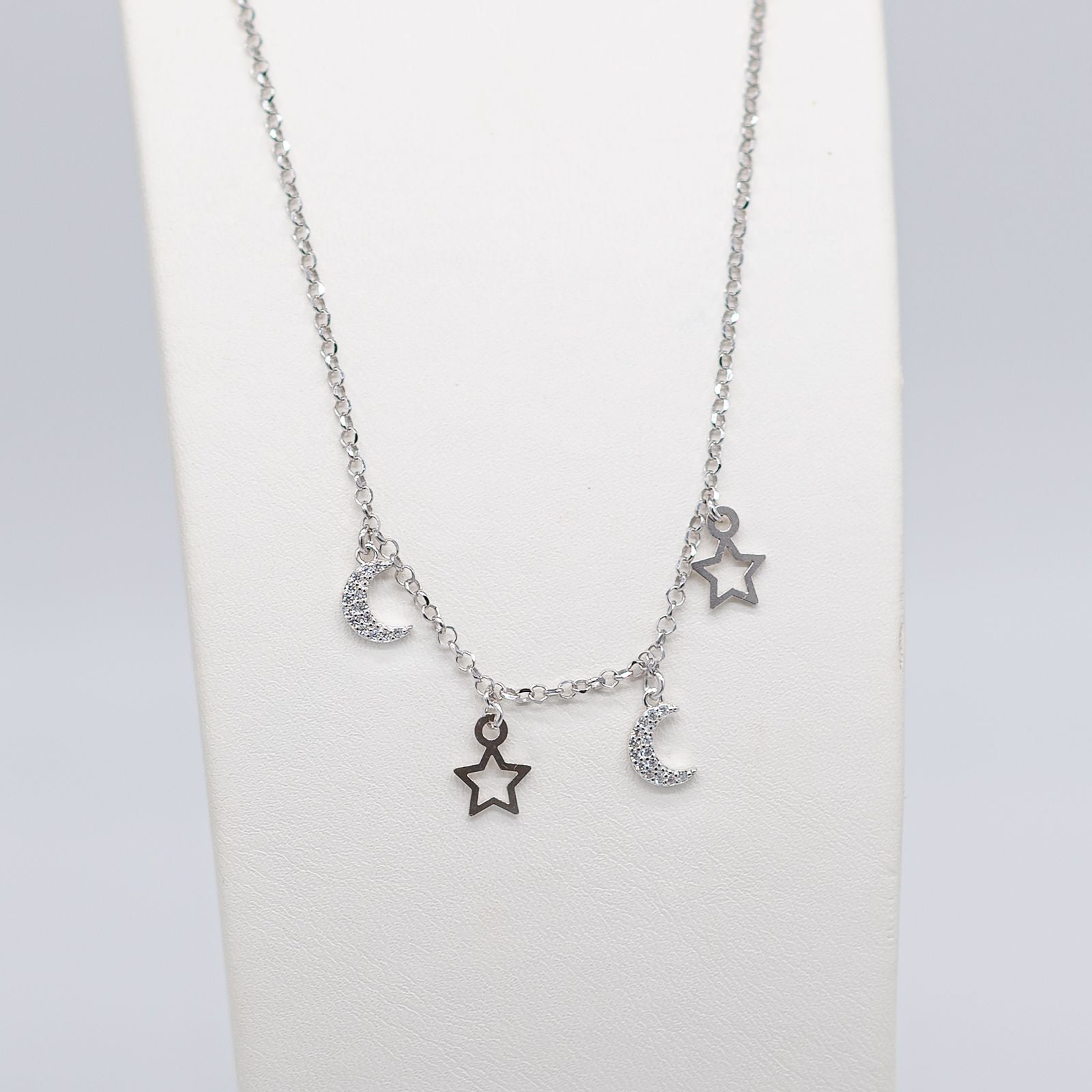 Collana Donna Re Mida Argento 925 Multiciondoli Stelline Luna Zirconi Bianchi C009