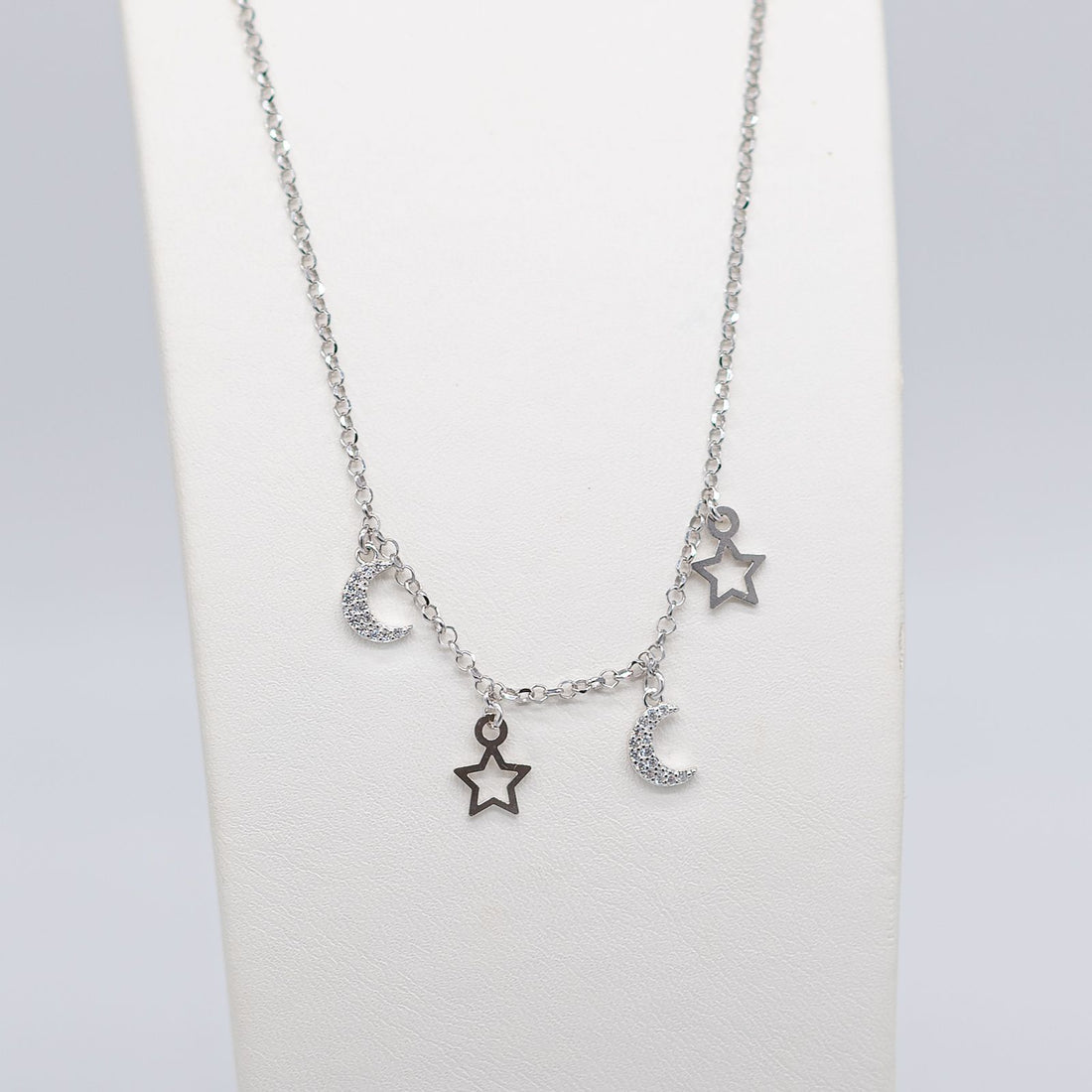 Collana Donna Re Mida Argento 925 Multiciondoli Stelline Luna Zirconi Bianchi C009