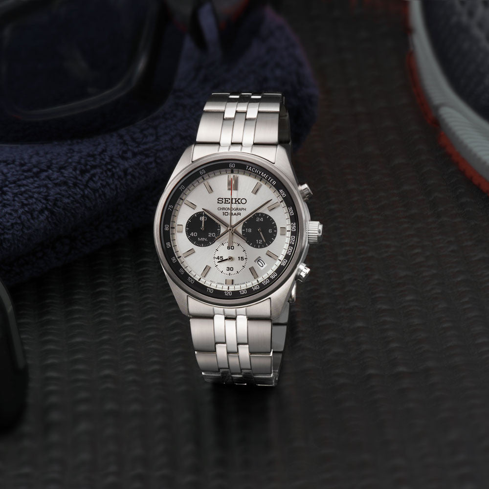Orologio Uomo Seiko Sport Acciaio Quarzo Cronografo Bianco Nero Data SSB425P1