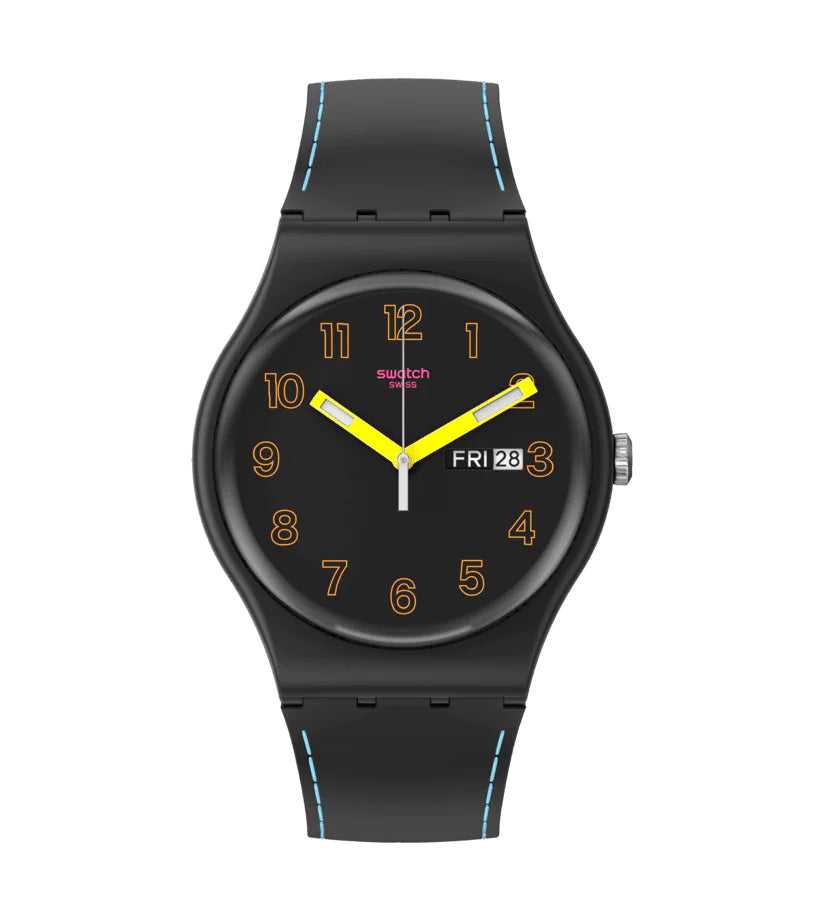 Orologio Unisex Swatch Quarzo Doppia Data Dark Glow Numeri Fluo Nero SO29B707