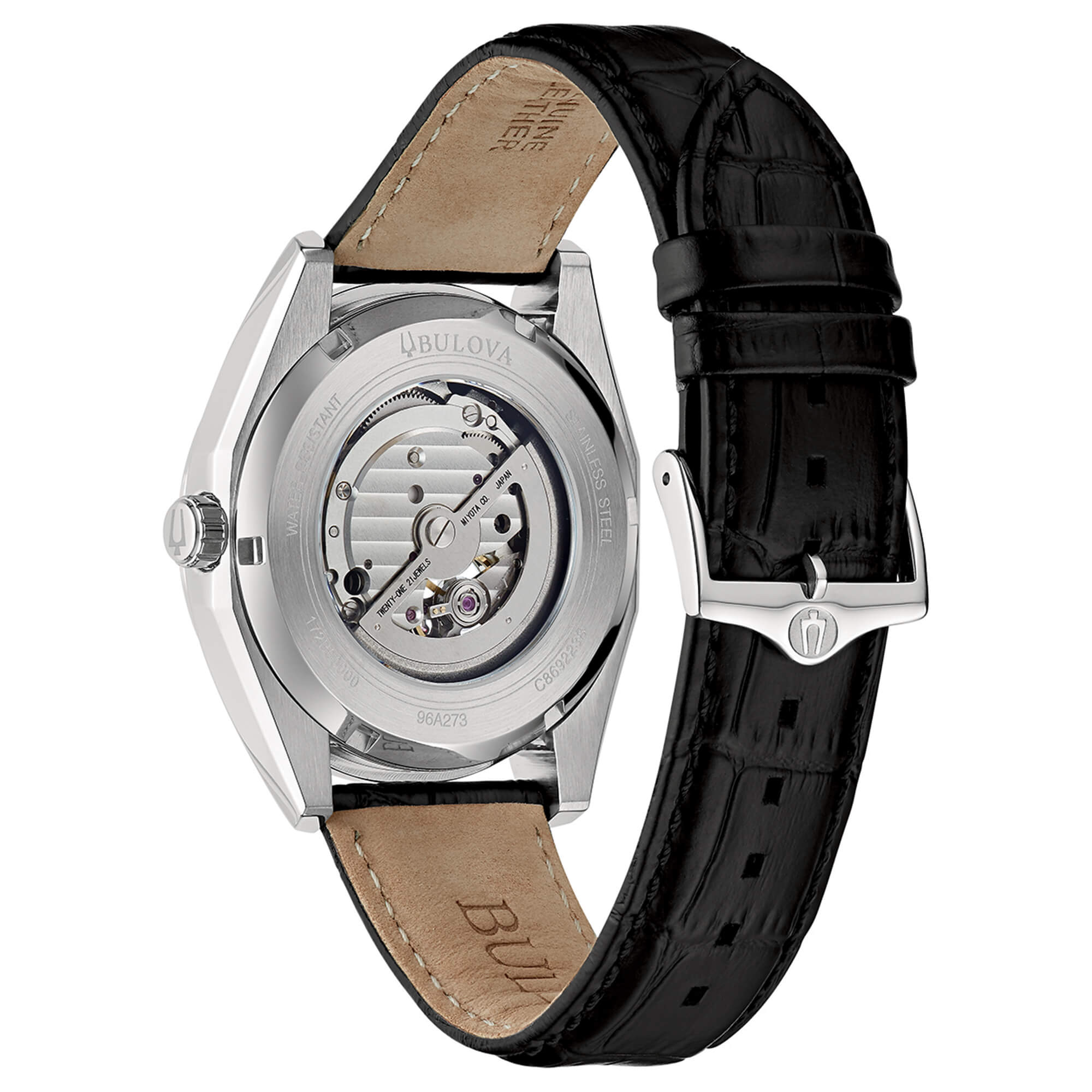 Orologio Uomo Bulova Automatico Surveyor Acciaio Pelle Open Heart Argentè 96A273