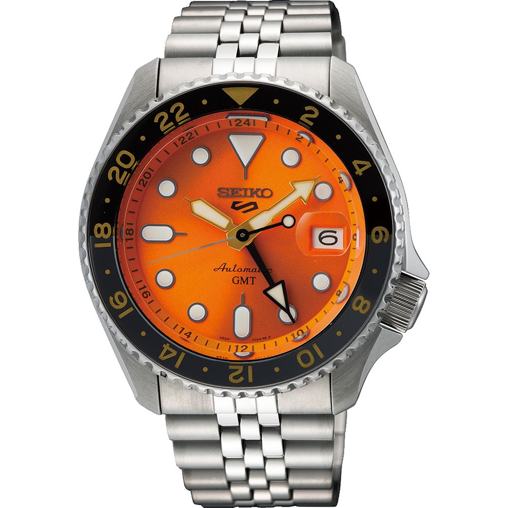 Orologio Uomo Seiko 5 Automatico GMT Arancione Acciaio Jubilè Ghiera Nera SSK005K1