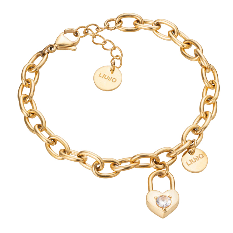 Bracciale Donna Liu Jo Acciaio Catena Ovale Dorata Lucchetto Zircone Bianco LJ2139