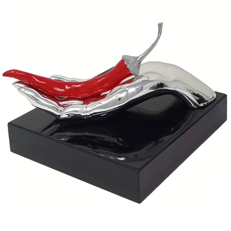 Scultura Sequenze Mano Peperoncino Rosso 15x15x12 Base Nera PP0343