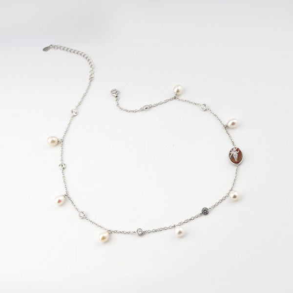 Collana Donna Cameo Italiano Argento Dorato 925 Girocollo Perle Bianche C4S-B