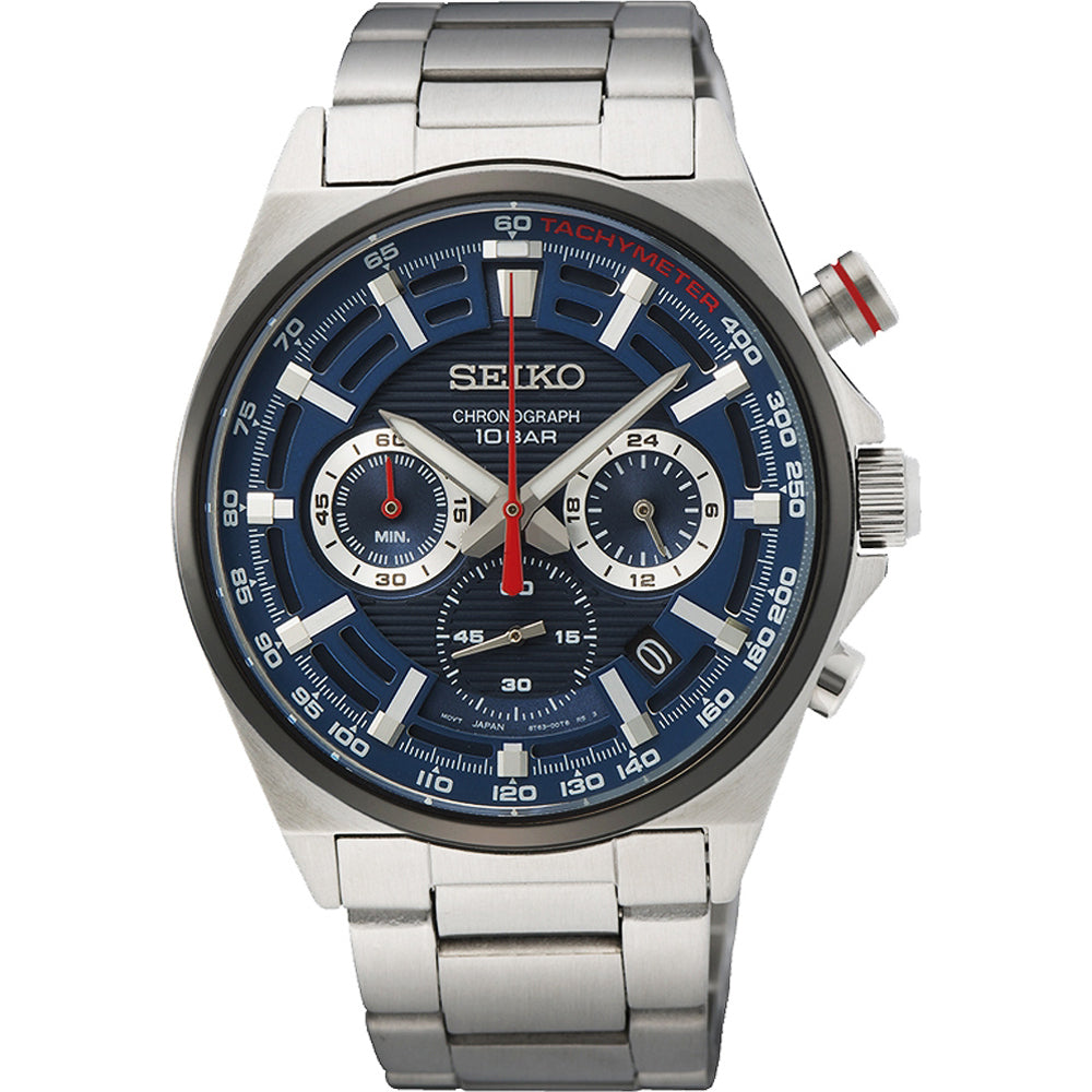 Orologio Uomo Seiko Neo Sport Acciaio Quarzo Cronografo Blu Rosso Data SSB407P1