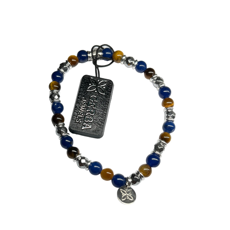 Bracciale Uomo Gerba Argento 925 Pietre Occhio di Tigre Marrone Blu COD.723