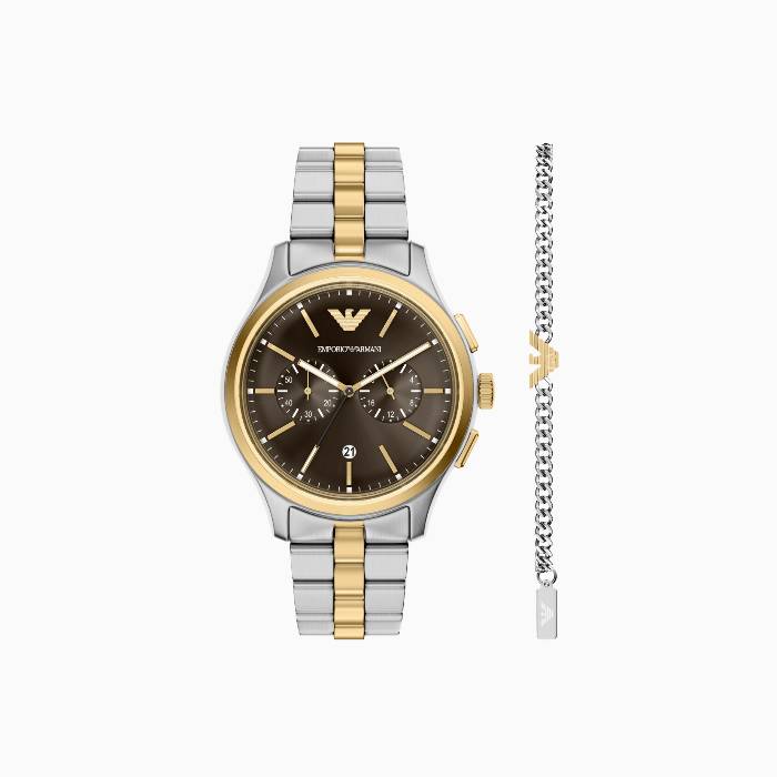 Orologio Uomo Emporio Armani Cronografo Set Bracciale Quarzo Marrone Acciaio Bicolore Data AR80084SET