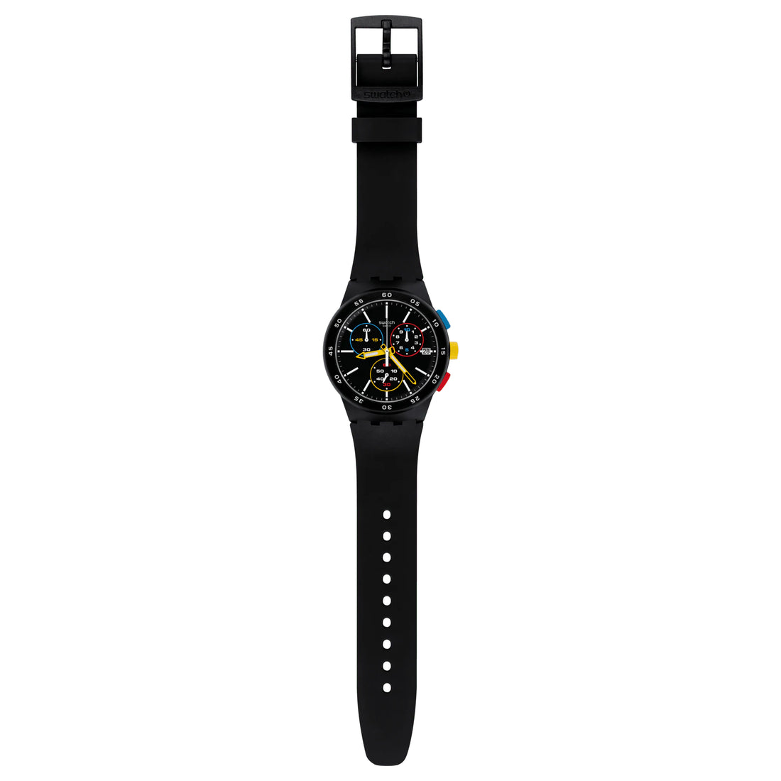 Orologio Uomo Swatch Quarzo Cronografo Data Nero Black One Tasti Colorati SUSB416