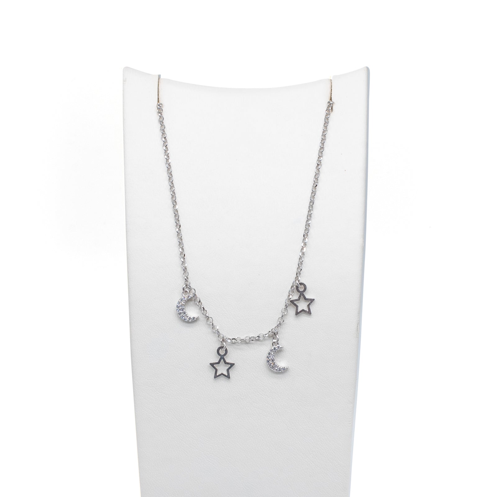 Collana Donna Re Mida Argento 925 Multiciondoli Stelline Luna Zirconi Bianchi C009