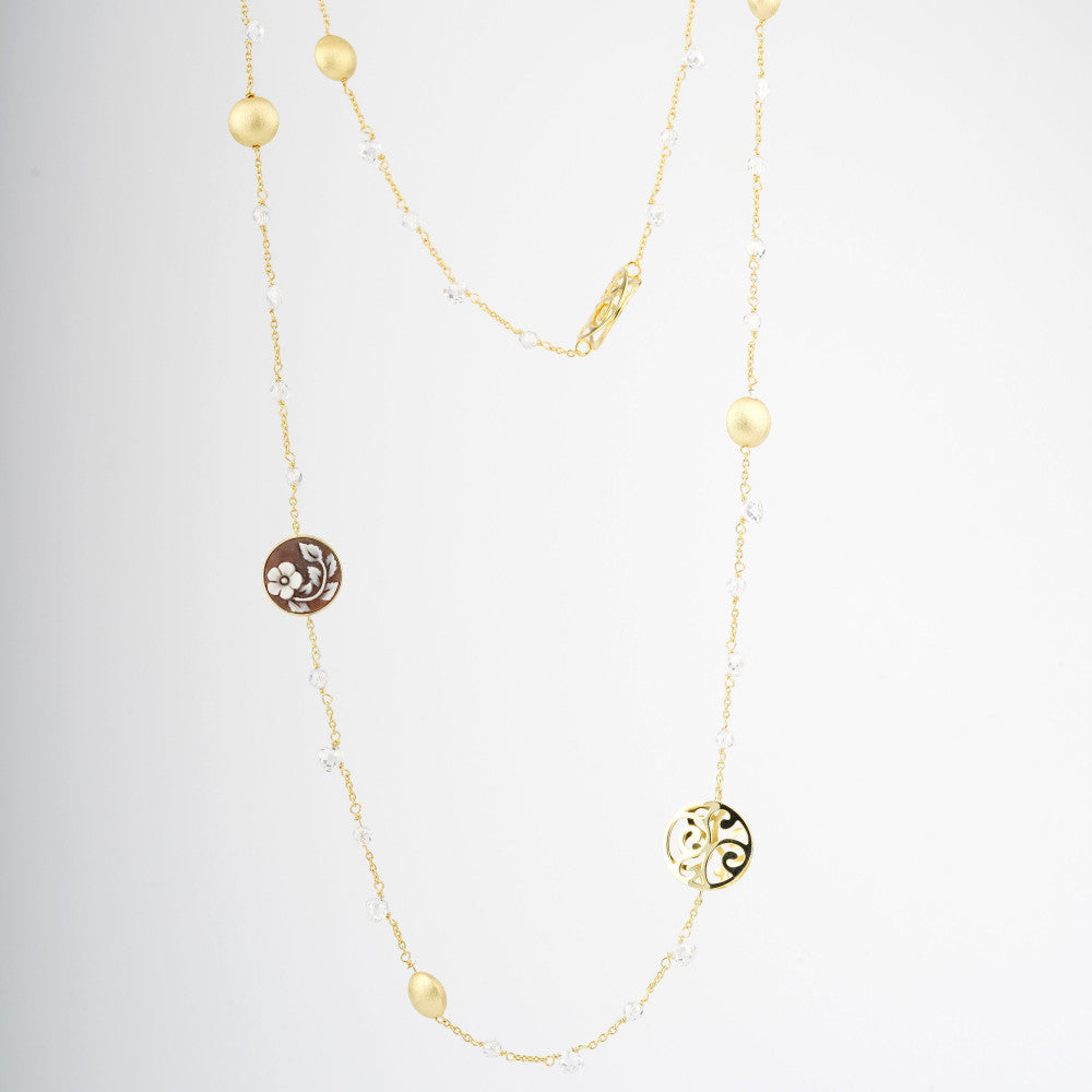 Collana Donna Cameo Italiano Argento Dorato 925 Fiore Cammeo Biglie Lavorate C1-G