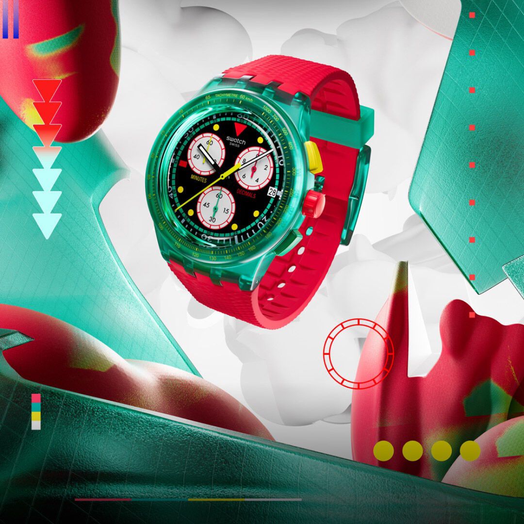 Orologio Unisex Swatch Neon Emerald Chrono 1990 Rosso Data SUSG409