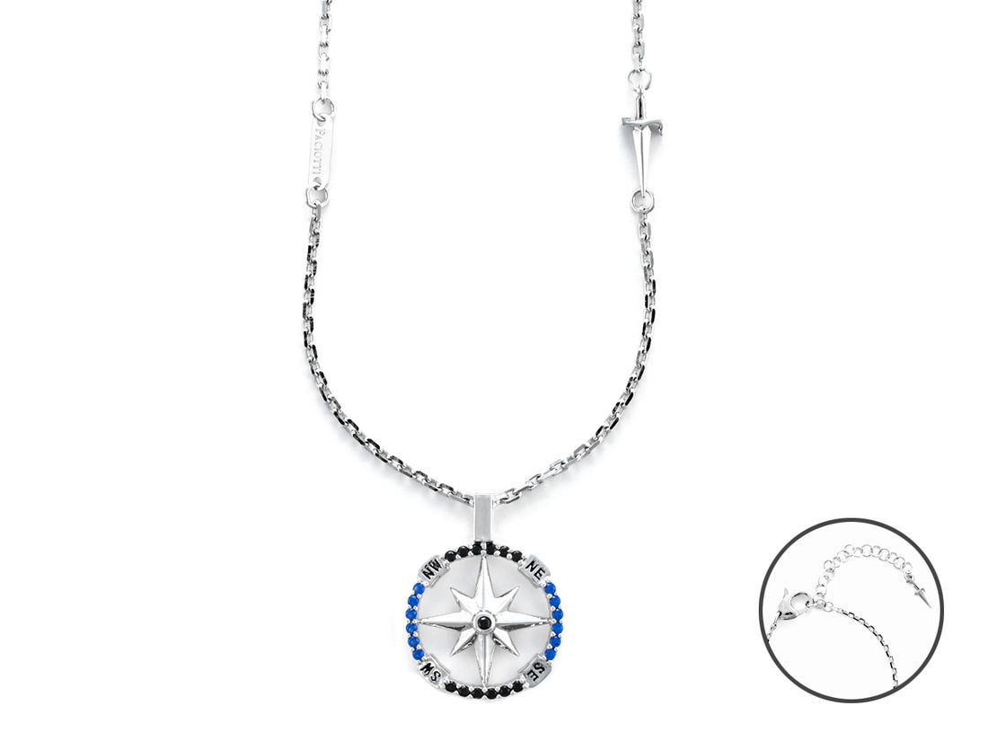 Collana Uomo Cesare Paciotti Argento 925  con rosa dei venti zirconi neri e blu JPCL2435B
