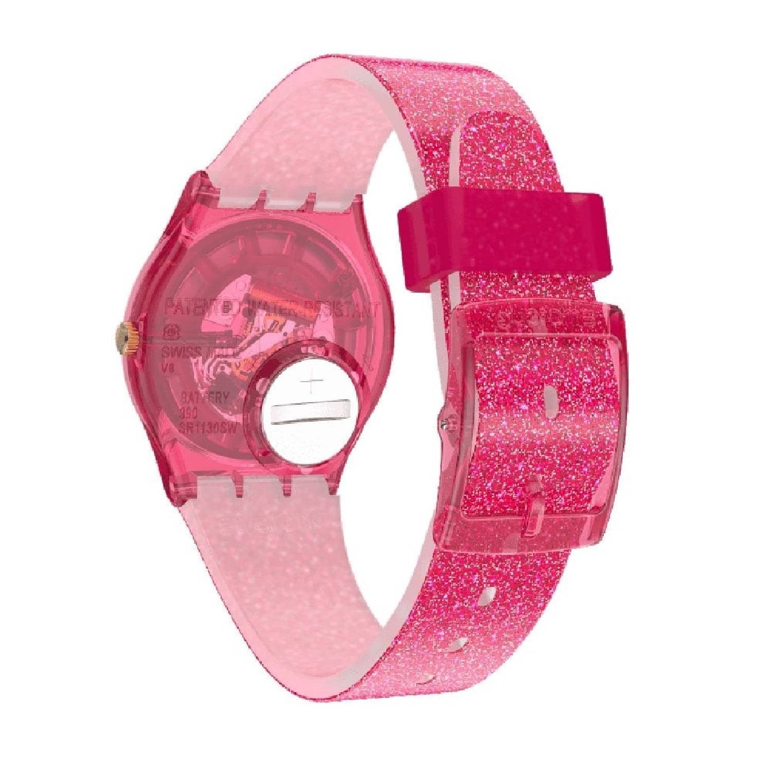 Orologio Donna Gomma Resina Swatch Quarz Solo Tempo Rosa Glitterato Zircon GP169