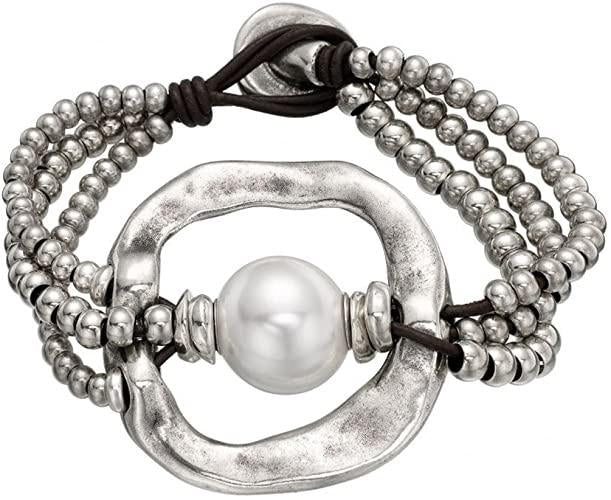 Bracciale Donna In Cuoio Con Perla Centrale Chiusura A Bottone