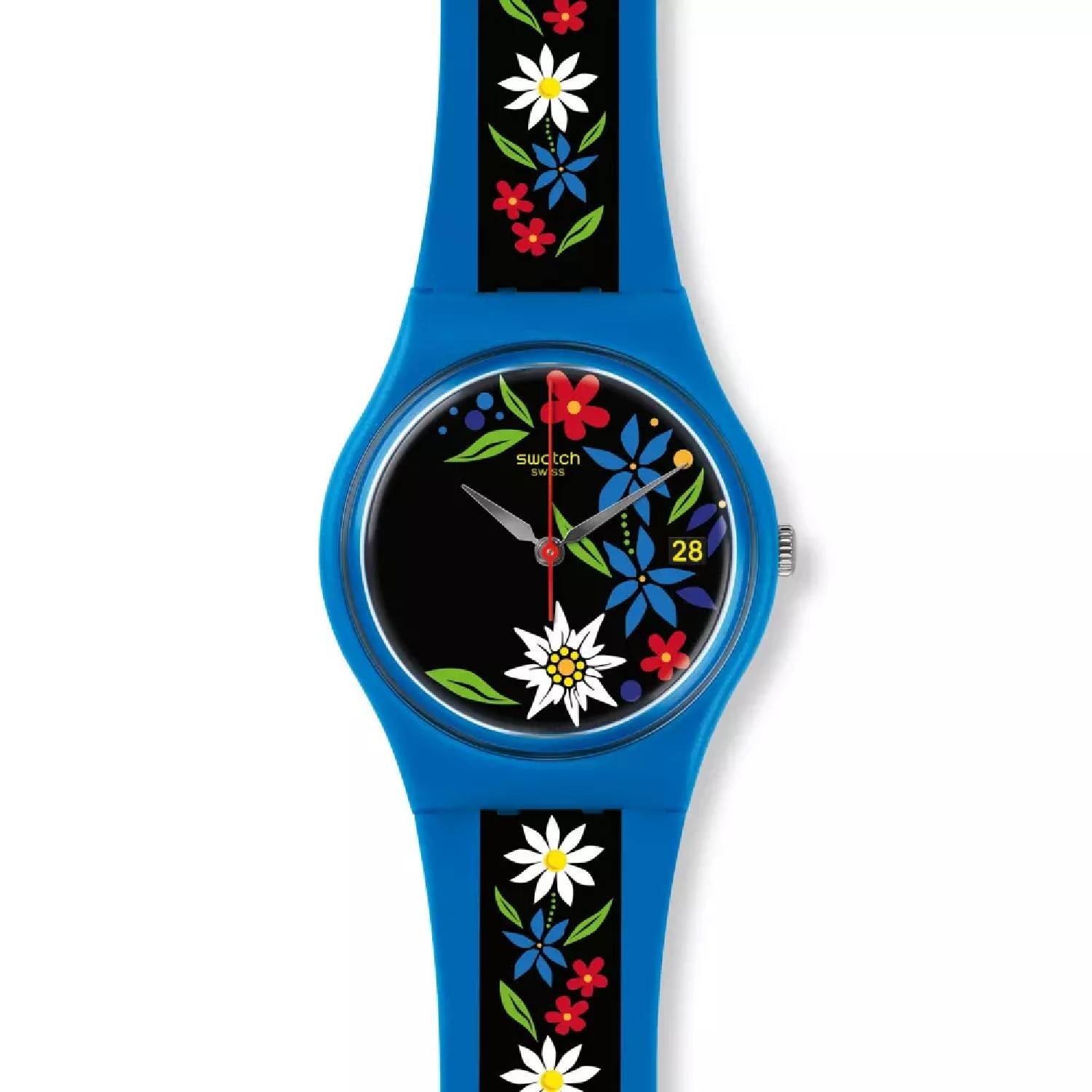Orologio Donna Gomma Resina Swatch Quarzo Solo Tempo Blu Fiori Data GN412