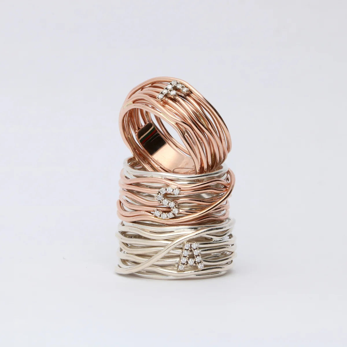 Anello Donna Filodellavita Iniziale G 13 Fili Arg Oro Rosa 9 KT Diam.Bianchi AN290AR