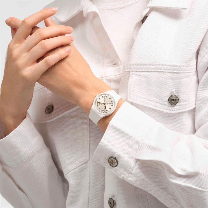 Orologio Donna Swatch Bioceramica Quarzo Solo Tempo Bianco Zirconi Oro SO31W109