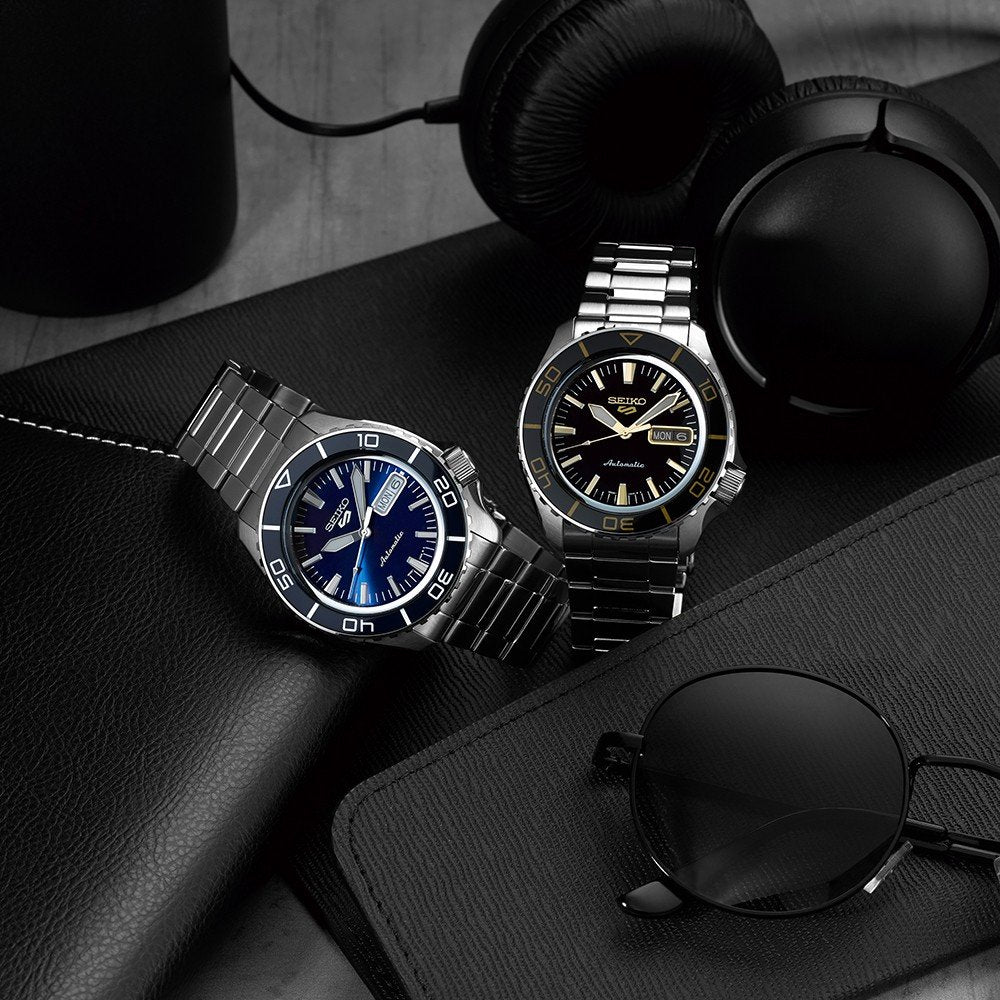 Orologio Uomo Seiko 5 Automatico Nero Dorato Acciaio Doppia Data SRPK99K1