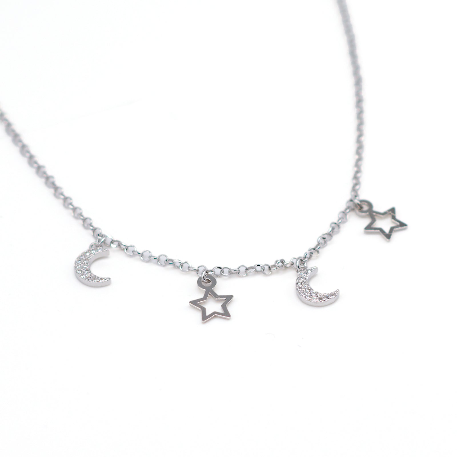 Collana Donna Re Mida Argento 925 Multiciondoli Stelline Luna Zirconi Bianchi C009