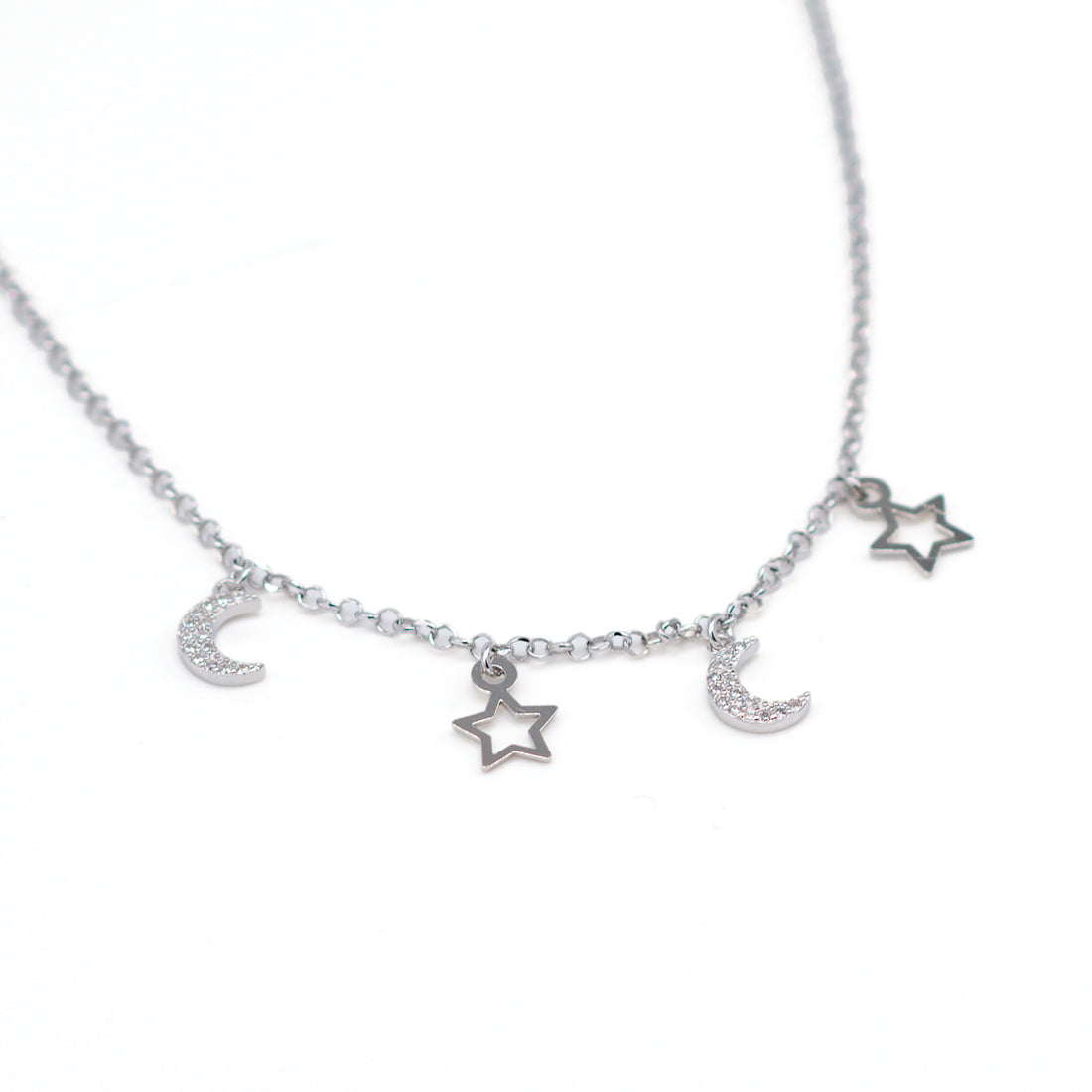 Collana Donna Re Mida Argento 925 Multiciondoli Stelline Luna Zirconi Bianchi C009